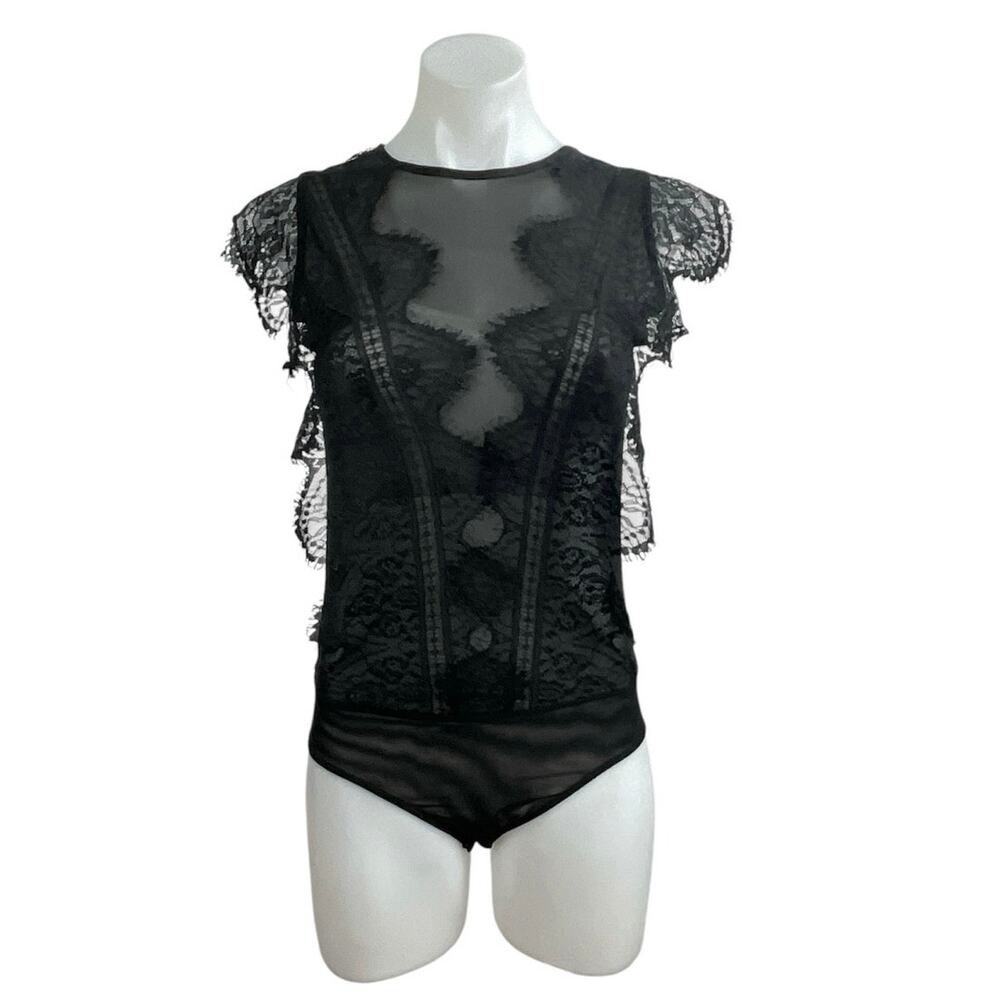 Zara Women's Black Lace Sheer Mesh Ruffle High Neck Cap Sleeves Bodysuit Top S